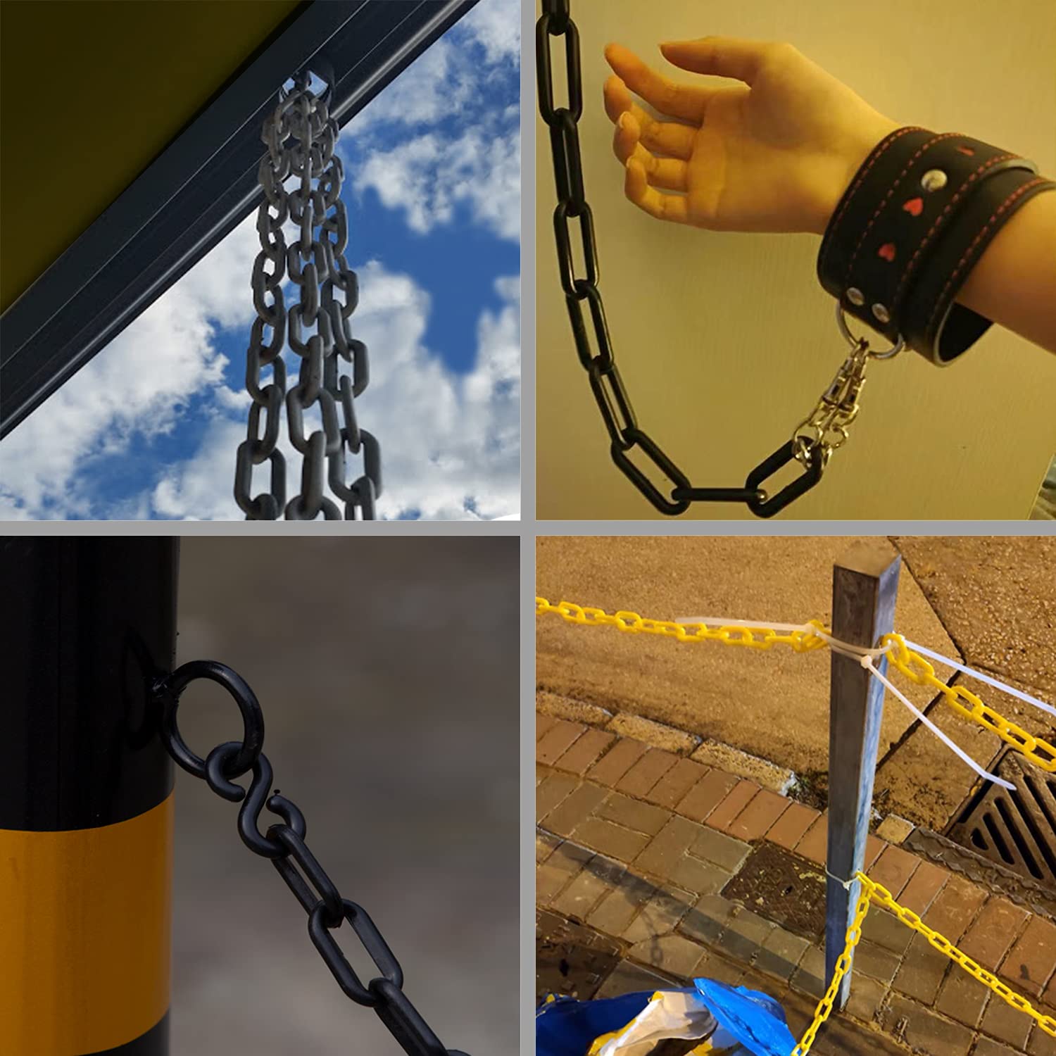 65 Feet Yellow Plastic Chain - Plastic Safety Barrier Chain for Crowd Control, Parking Barrier and Delineator Post with Base - Safety Security Chain with 6 Carabiner D Rings, 8 S-Hooks, and Zip Ties