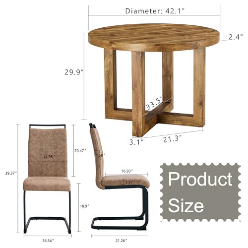 Round Dining Table Set for 4, Modern Kitchen Table and Chairs Set for 4 Wood Dining Set Reception Table Set Upholstered Chair for Dining Room (Brown-B, Wood Table + 4 Chairs)