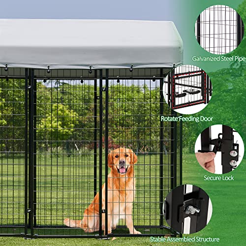 AHB Large Dog Kennel Outdoor Dog House, Heavy Duty Welded Wire Steel Fence Dog Cage with Waterproof UV-Resistant Cover, Feeding Door and Secure Lock (8x4x6 ft)