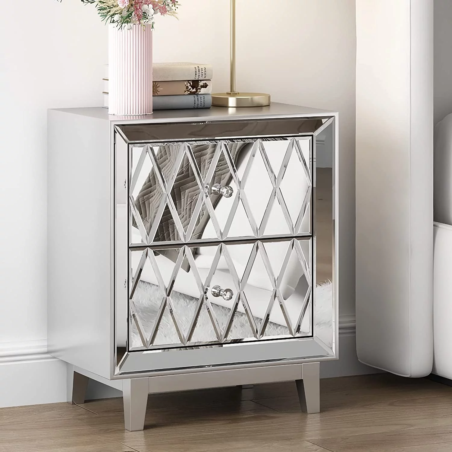 SHYFOY 2-Drawer Mirrored End Table Nightstand  Crystal Handle Glass Bedside Table Furniture for Bedroom, Living Room, Sliver