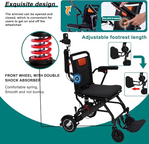 Portable Power Wheelchair for Adults Seniors(Only 38lbs)-All Terrain Lightweight Foldable Electric Wheelchairs,Travel Size,12 mi Cruise Range,Compact Motorized Wheelchair Daily Use,Black
