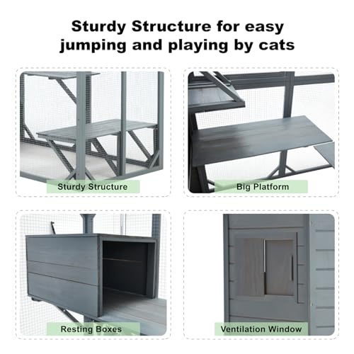 Mdeam Large Catio Outdoor Cat Enclosure, 4 Tiers Indoor Cat House for Multiple Cats with Weatherproof Roof, 4 Resting Rooms, 4 Platforms, 5 Windows, 70" H 32" W 77" L, Grey Green
