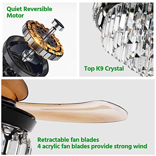 48" Black Chandelier Ceiling Fan with Lights and Remote Control Retractable Modern Fandelier Ceiling Fan with Light 6-Speed LED Dimmable Crystal Ceiling Fan Invisible for Bedroom Living Room
