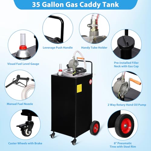 Fuel Caddy, 30 Gallon Portable Gas Caddy on 4 Wheels with Manual Transfer Pump, Gasoline Diesel Fuel Container for Cars, Lawn Mowers, ATVs, Boats, Black