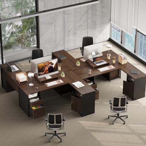 Bestier L Shaped Desk with File Drawers, 63" x 47" Office Computer Desk with Storage Cabinet, Corner Desk with Monitor Stand & Modesty Panel for Home Office, Gray