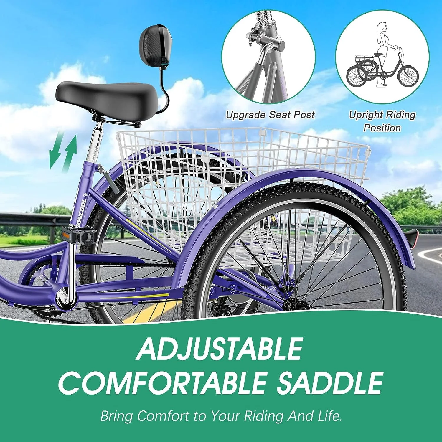 FICISOG 26 Adult Tricycle, 3 Wheel 7 Speed Bikes,450lbs Capacity Cruise Trike with Shopping Basket
