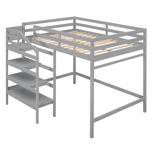 Harper & Bright Designs Full Loft Bed with Staircase and Storage Wardrobe, Wooden Full Size Loft Bed Frame with Storage Shelf, High Full Loft Beds for Kids Boys Girls Teens Dorm Bedroom (Full, Gray)