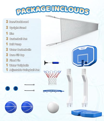 2 in 1 Swimming Pool Basketball & Volleyball Game Set,includes Poolside Hoop, Balls, Net, and Pump,Ideal for Ages 6+ Kids/Adults,Suitable for All Inground Swimming Pools-BLUE
