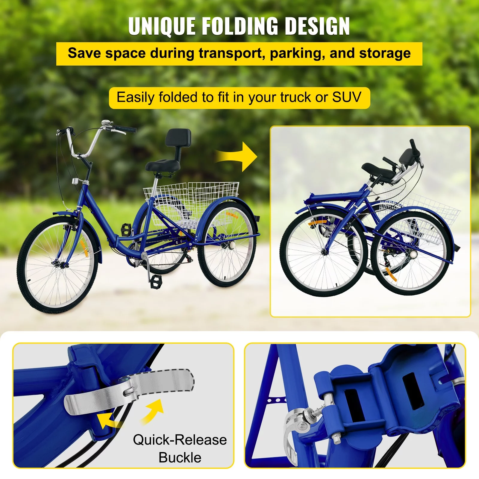 BENTISM Foldable Tricycle Adult 24'' Wheels Adult Tricycle 7-Speed 3 Wheel Bikes For Adults