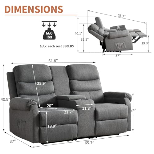 Reclining Loveseat, Manual Loveseat Recliner Sofa, RV Theater Seating with Storage Console, Double Wall Hugger Recliners 2 Seater with Cup Holders for Living Room (Grey)