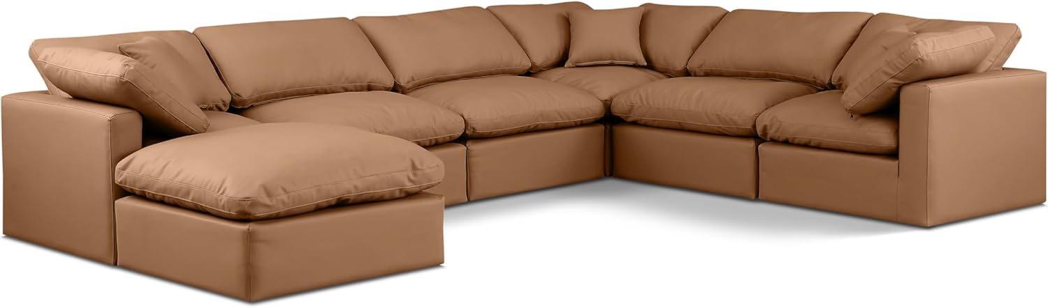 Meridian Furniture Indulge Collection Modern | Contemporary Sectional with Soft Durable Vegan Leather, Fiber-Filled Cushions, Modular, 140" W x 105" D x 32" H, Cognac