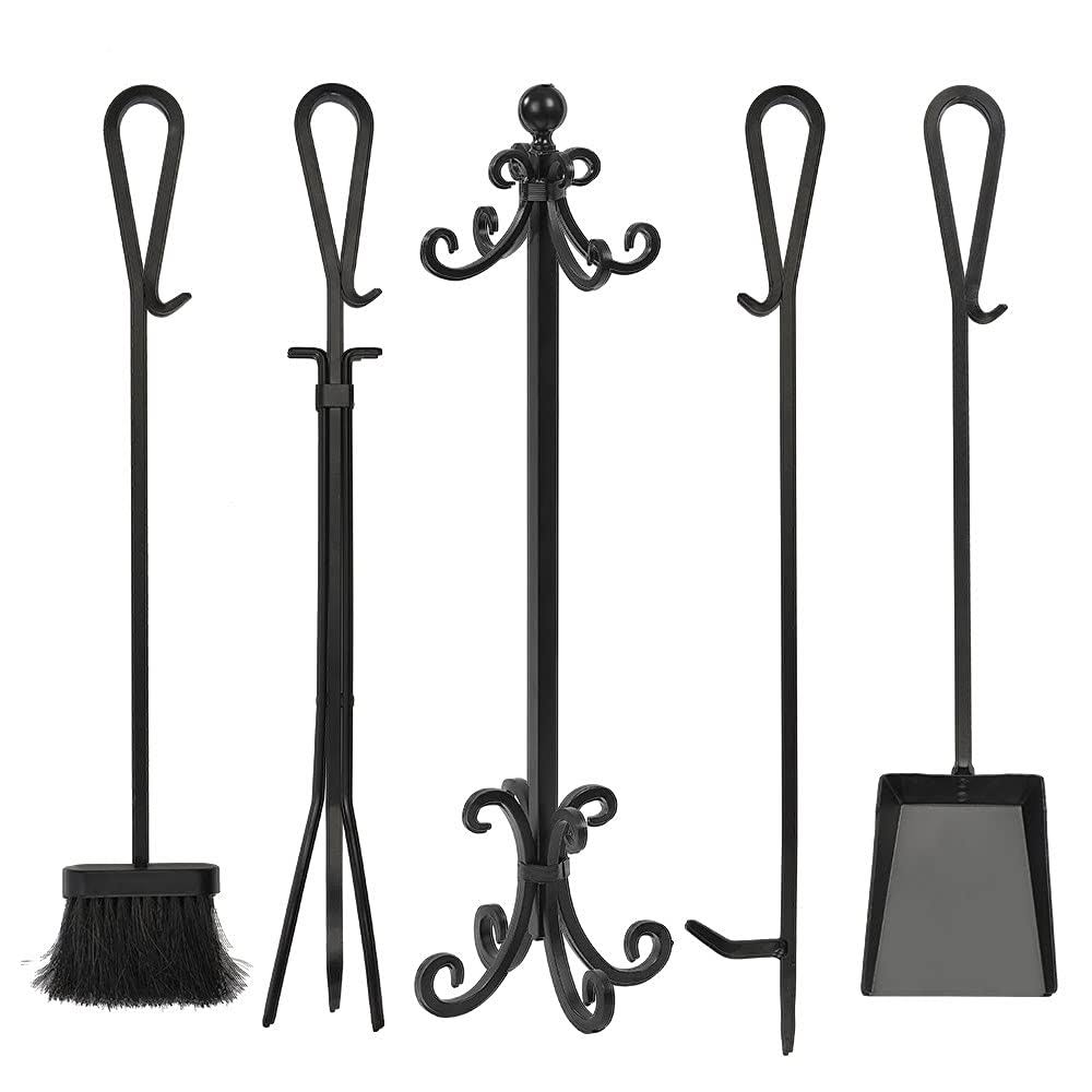 Amagabeli 5 Pieces Scroll Fireplace Tools Cast Iron Indoor Firewood Tools with L