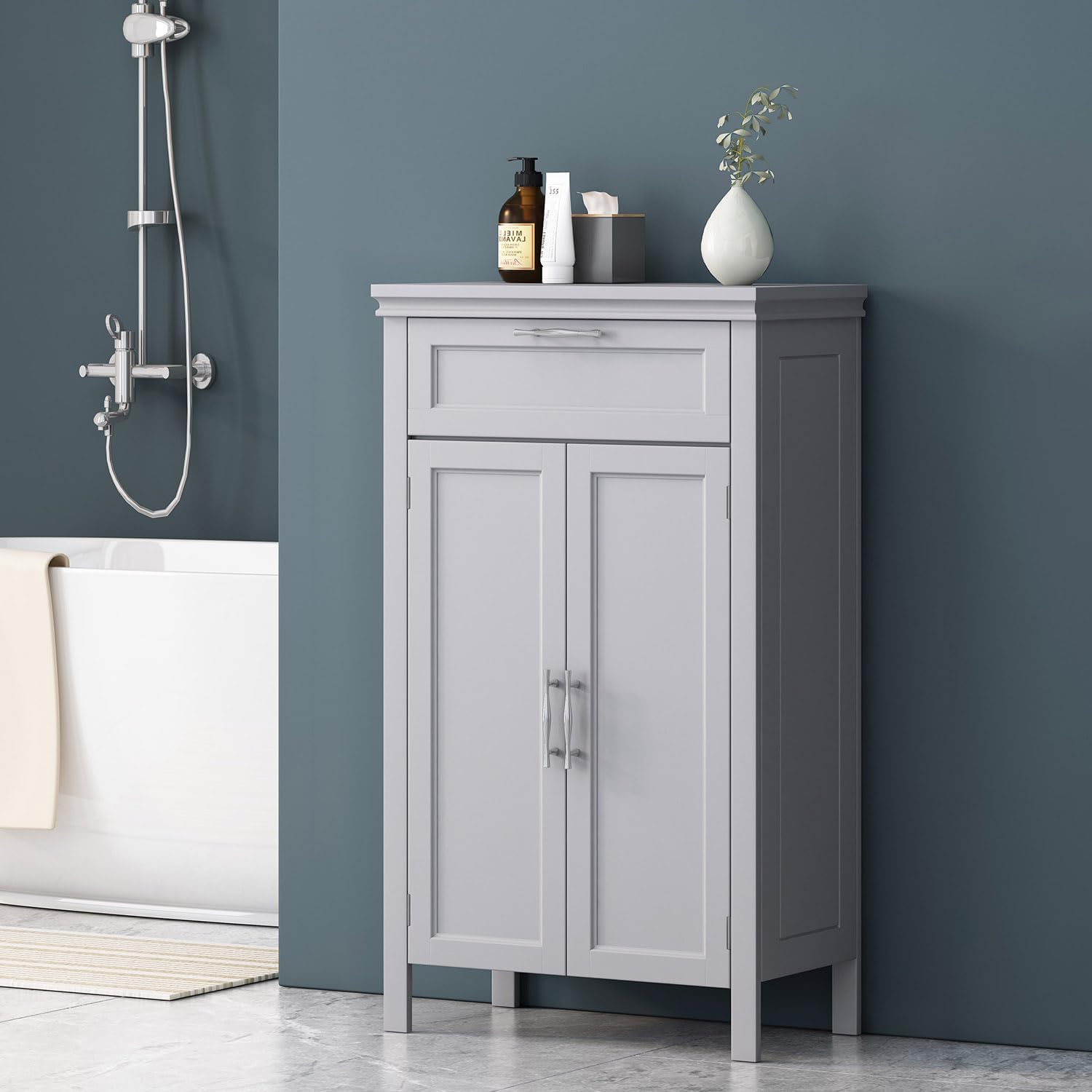 Bathroom Floor Cabinet, Wooden Side Storage Organizer w/Larger Drawer, Adjustable Shelf & 2-Door Cupboard, Freestanding Storage Cabinet for Living Room, Kitchen, Entryway (Double Door)