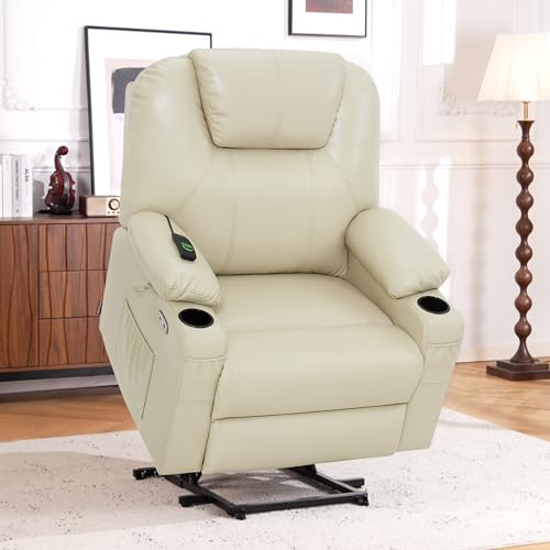 MCombo Power Lift Recliner Chair for Elderly, Lift Chair with Heat and Massage, FSC Certified, USB Ports, Cup Holders, Faux Leather 7040 (Black, Medium)