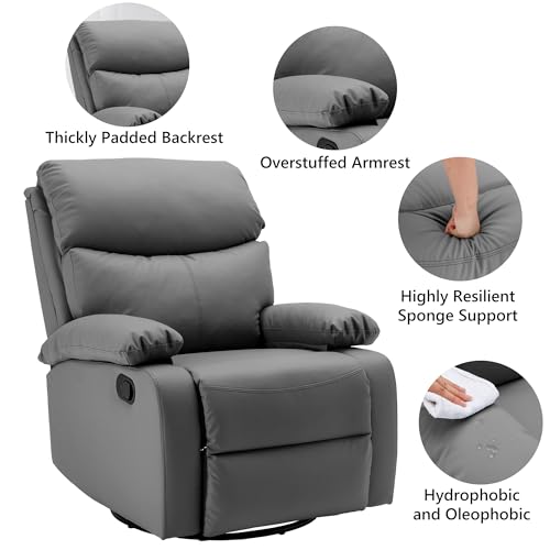 Swivel Rocker Recliner Chair for Adults, Genuine Leather Recliner Chair, Rocking Recliner Chair, Single Sofa Small Recliner for Living Room, RV, Nursery, Dark Grey