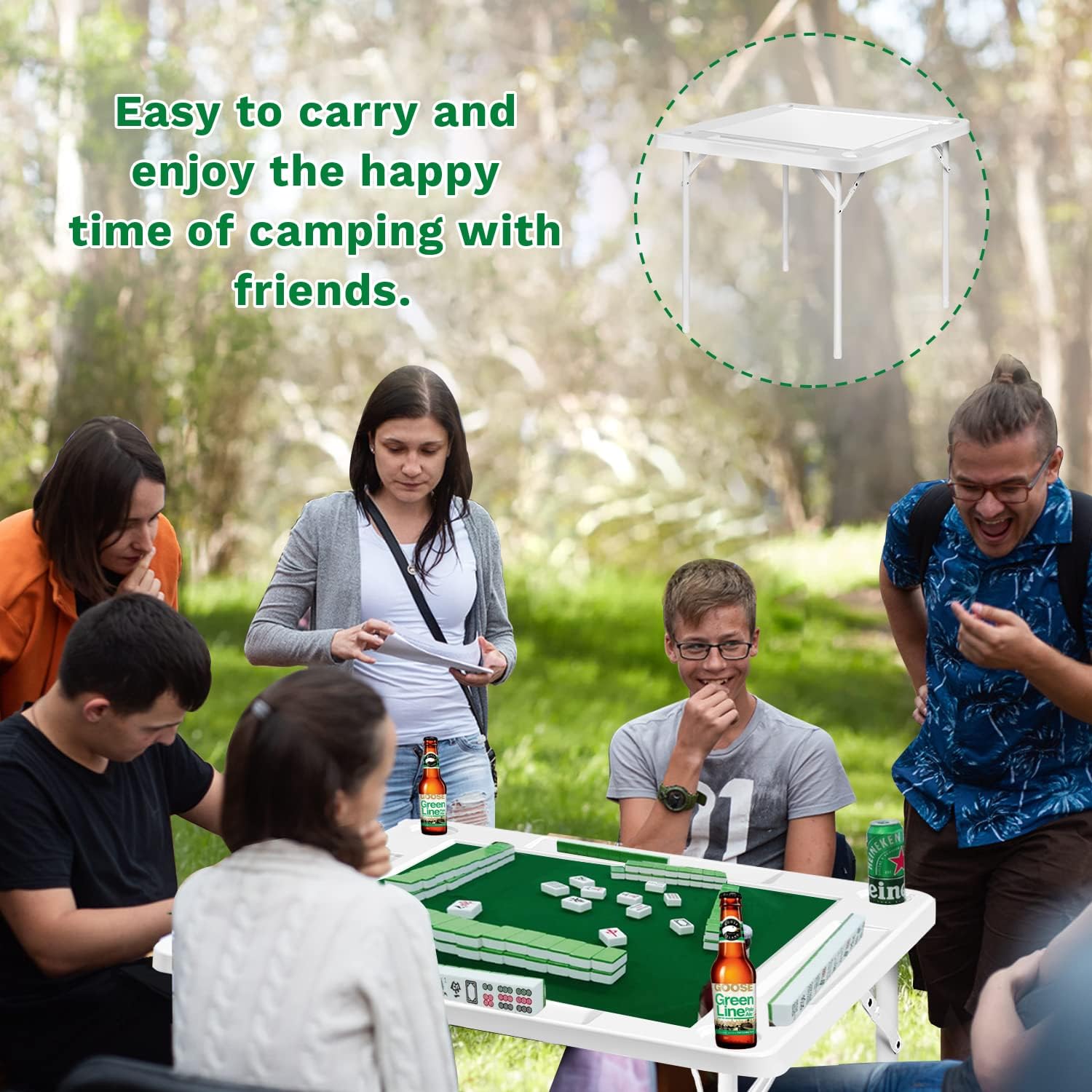 40.2’’ Mahjong Table - Square 4-Player Mahjong Table Foldable with Cup Holders and Trays, Update and Widen Folding Card Game Table with Green Cover Mat for Poker Domino Puzzle
