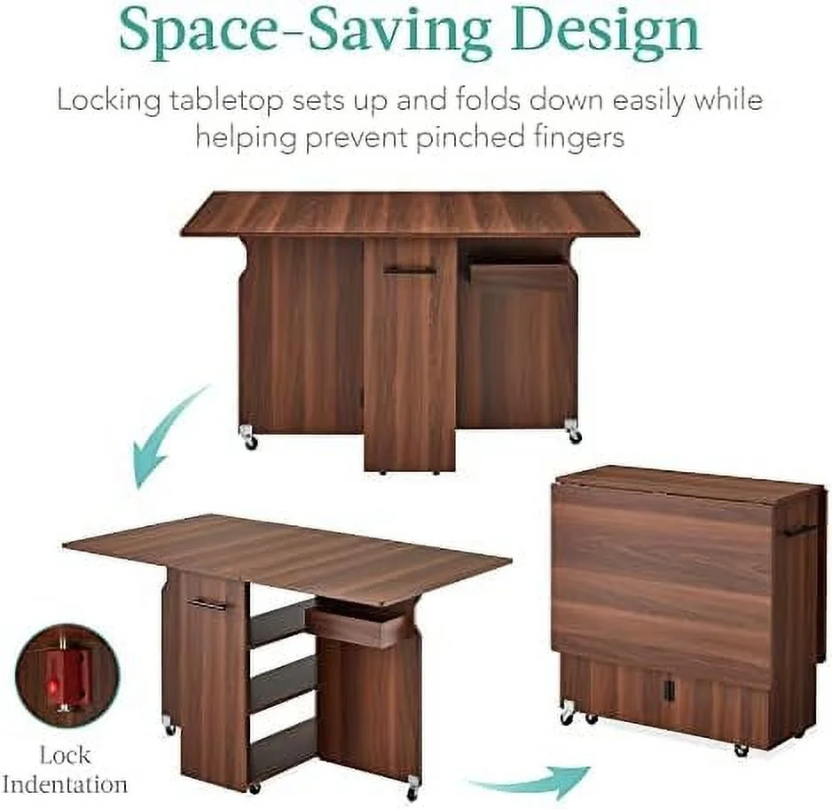 HJZUINIUNIU Folding Dining Table  Multipurpose Collapsible Drop Leaf Extension  Versatile Space Saving Desk  w/Wheels  3  Shelves  Metal Handle - Brown