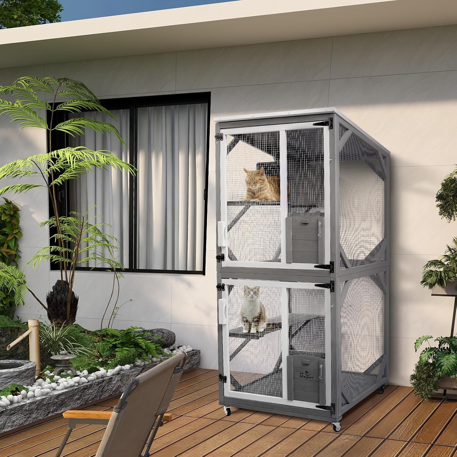 GEGURI Large Cat House Outdoor Catio Enclosure, Indoor Wooden Kitten Cage with Upgraded Resting Box, Waterproof Roof