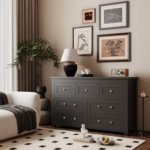 7 Drawer Dresser for Bedroom, Farmhouse Wood Chest of Drawers, Wide TV Stand Closet Storage Furniture with Metal Handle, Modern Wooden Clothes Organizer for Hallway, Living Room, Entryway, Black