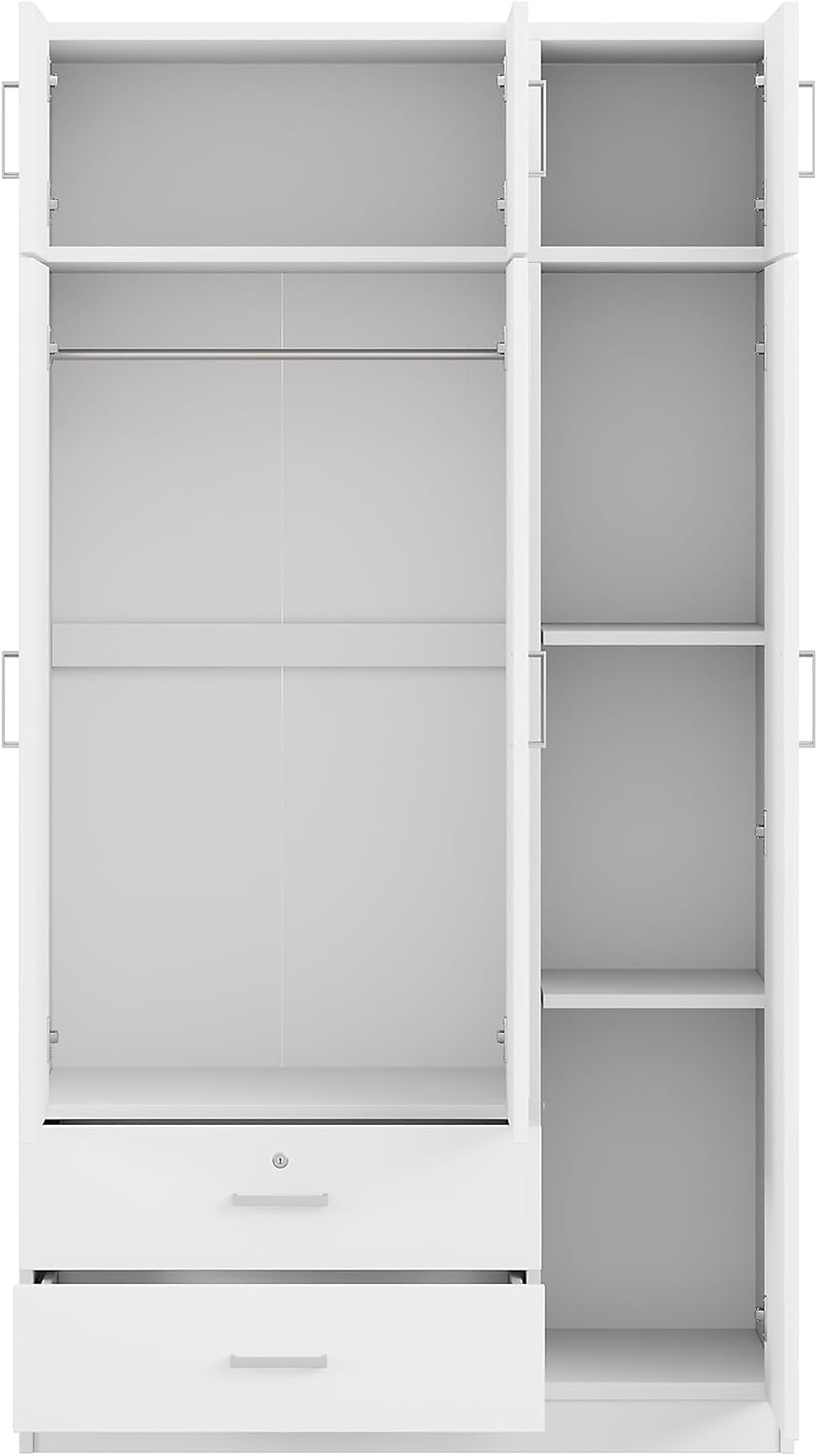 3-Door Mirror Wardrobe Closet, Bedroom Freestanding Storage Armoire Organizer with 2 Drawers and Top Cabinet, 41.30" L x 19.50" W x 81.10" H, White