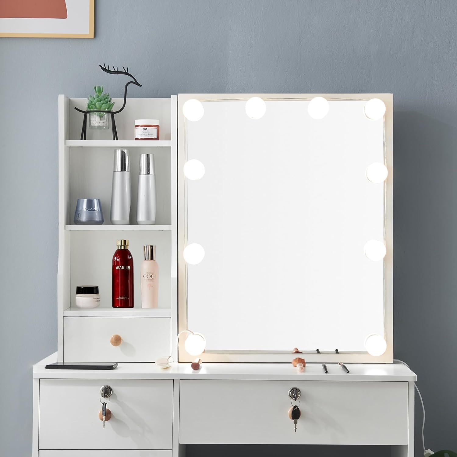 Vanity Desk with Lights,Makeup Vanity with Drawers, Vanity Set 3 Lighting Modes Brightness Adjustable, Dressing Table with Cushioned Stool for Bedroom (Modern LU05), 80*40*130CM, White