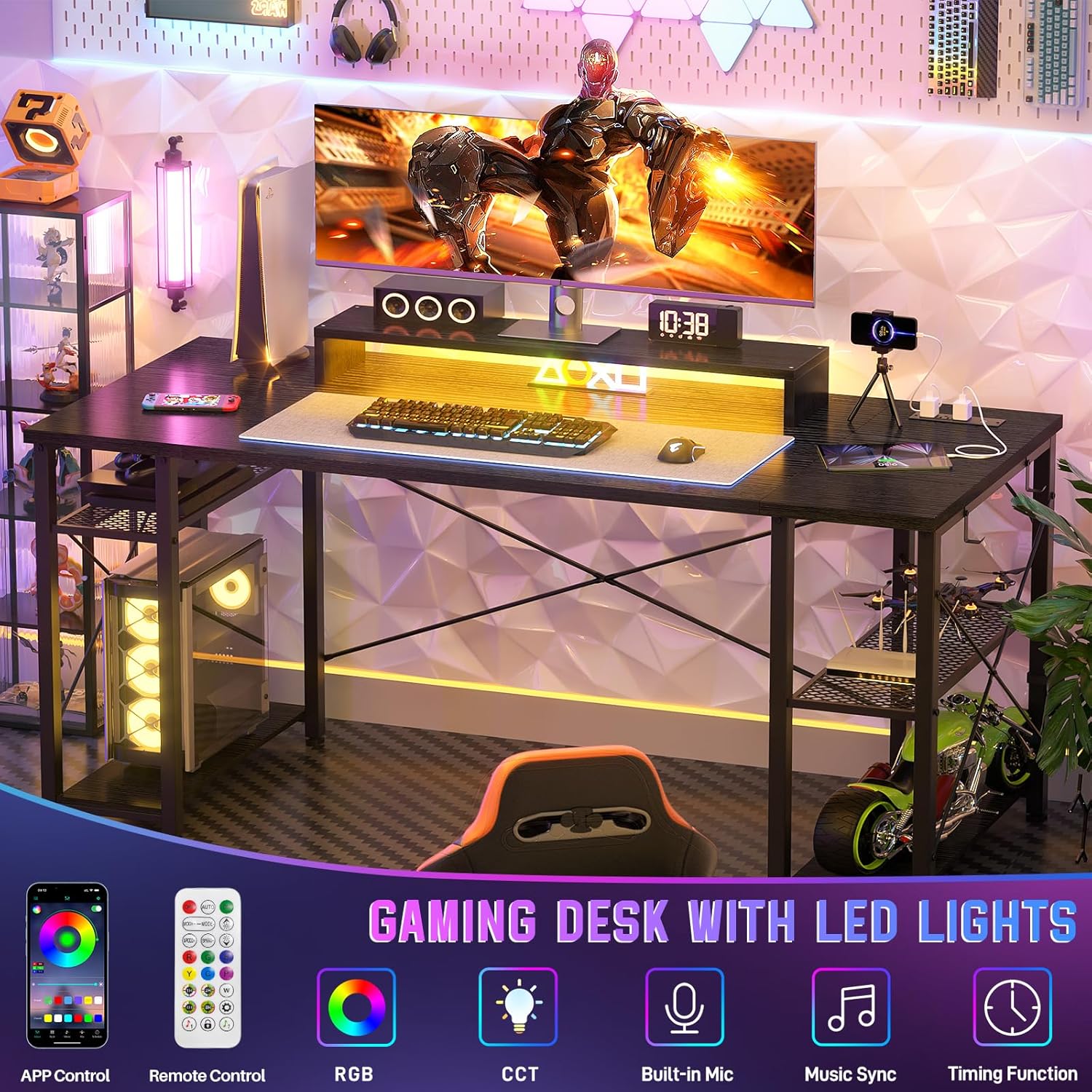 55 Inch Gaming Desk - Computer Desk with LED Lights & Power Outlet, Home Office Writing Desk with Storage Shelf and Monitor Stand, Black