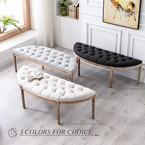 55" End of Bed Bench Vintage Half Moon Upholstered Fabric Semi-Circle Entryway Bench with Padded Seat & Rubberwood Legs, Tufted Dining Bench for Bedroom Living Room Hallway, Beige