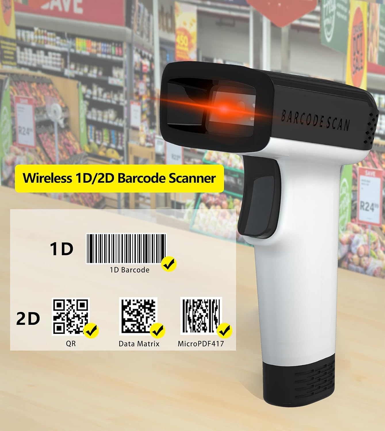 CHITENG Barcode Scanner Wireless, 1D/2D QR Code Scanner for PC, Handheld Bar Code Scanner with Vibration Alert, Plug & Play, USB Scanner Barcode for Warehouse, Supermarket, Store - White