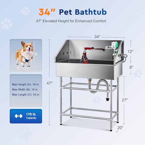 CO-Z 50” Dog Bathing Station for Large Dogs, Professional Dog Grooming Tub Pet Dog Washing Station for Home, Large Dog Bathtub with 304 Stainless Steel Tank, Removable Floor Grate, Steps, Faucet