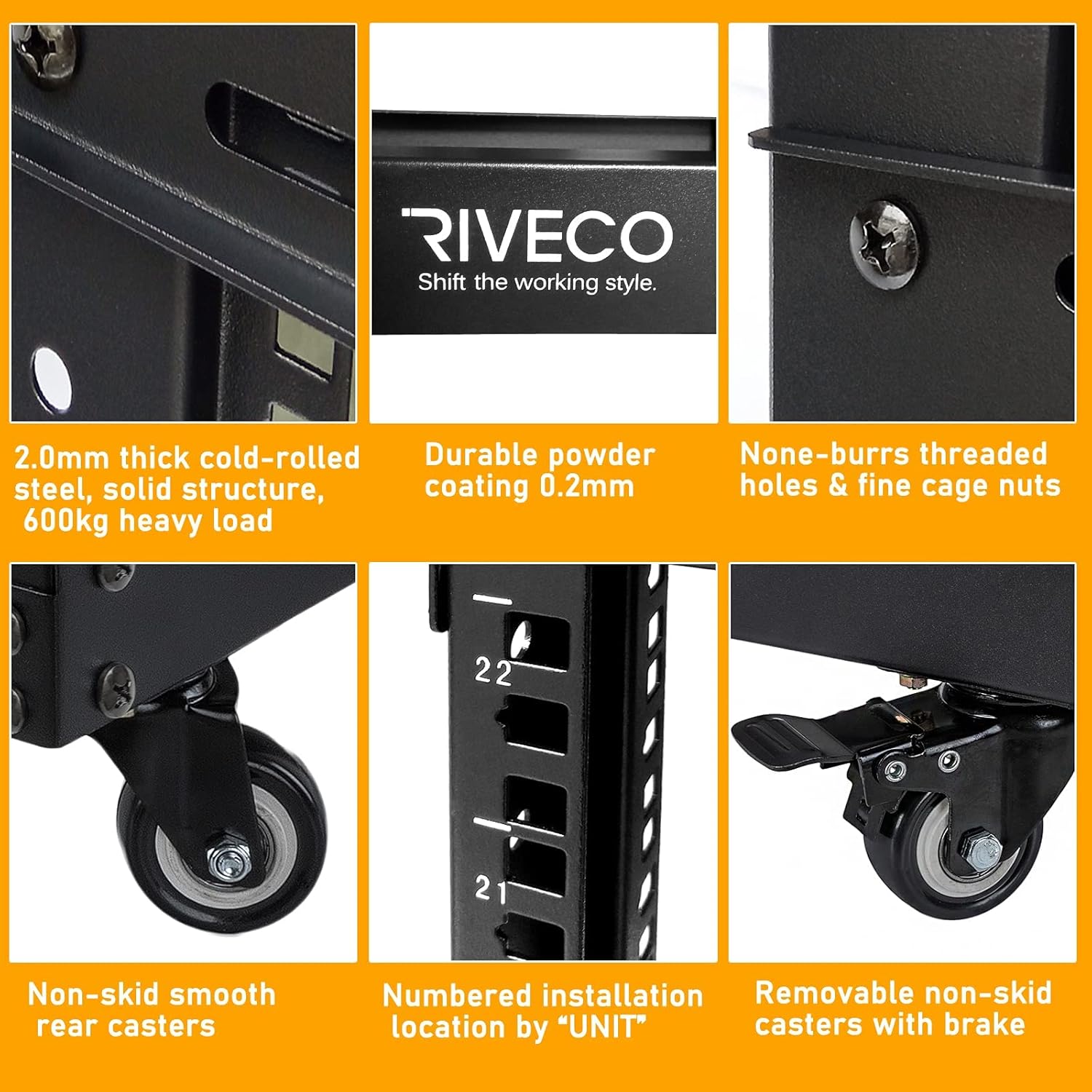 RIVECO 9U Open Frame Server Rack with Casters- Heavy Duty 4 Post Quick Assembly 19-inch, Stereo Rack Network Cabinet Black
