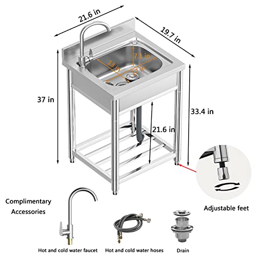 Free Standing Stainless-Steel Single Bowl Commercial Restaurant Kitchen Sink Set w/Faucet, Prep & Utility Washing Hand Basin w/Storage Shelve, laundry tub for Indoor Outdoor (22in)
