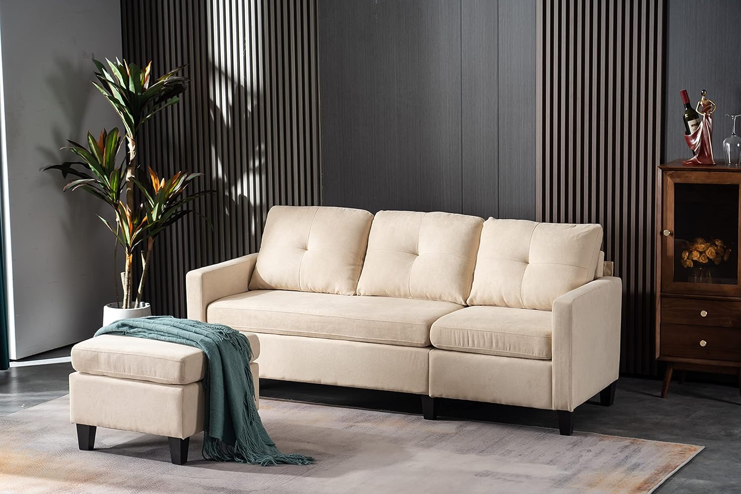 75" Modern Fabric Sofa and Chaise Convertible to Ottoman in Beige Reversible Sectional Sectional Living Room Home Furniture