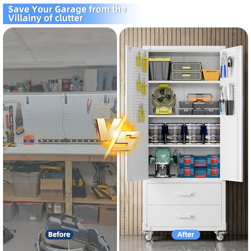Aobabo 73''H Metal Garage Storage Cabinet with Wheels and Pegboards, 4 Adjustable Shelves Steel Storage Cabinets for Home,Warehouse,Garage,Assembly Required,White