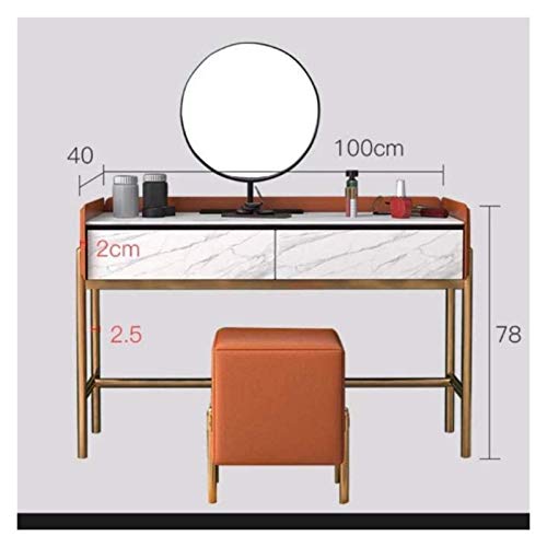 Luxury Dressing Vanity Table w/Stool for Bedroom, Dressing Table with 2 Large Drawers, Bedroom Makeup Vanity Desk with Round Mirror and Cushioned Stool(White)