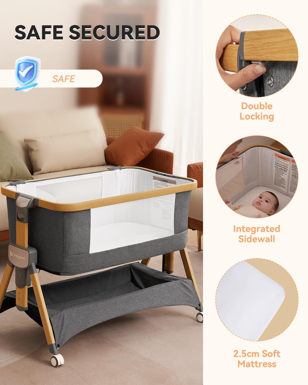 Cozy2, Bedside Bassinet,Travel Bassinet with Bigger Wheels Portable Bassinet Sleeper with Skin-Friendly Mattress,5 Height Adjustable Bedside Crib for Baby - Wood