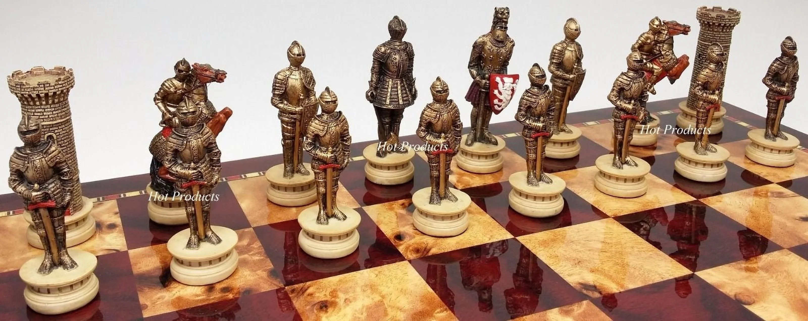 Medieval Times Crusades Gold &Silver Armored Knights Chess Set W/ 18 High Gloss Cherry &Burlwood Color Board