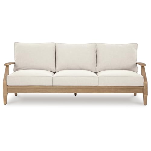 Signature Design by Ashley Carter Hall Outdoor Eucalyptus Patio Sofa with Cushion, Beige