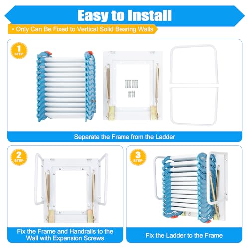 12 Steps Folding Attic Ladder Pull Down System, Wall Mounted Multifunctional Loft Ladder, Blue and White Retractable Collapsible Ladder with Armrests for Attics & Basements