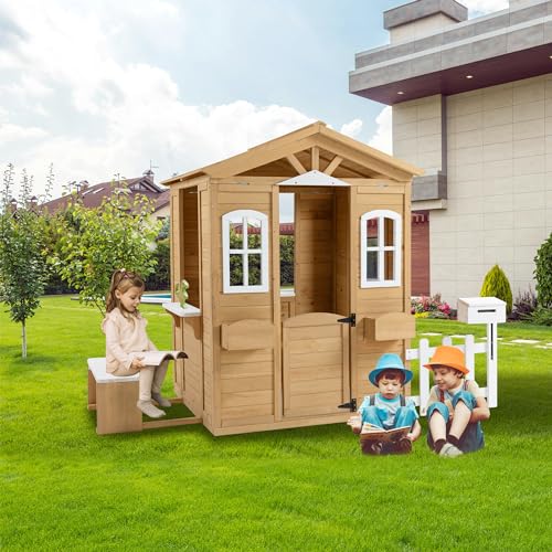 Outdoor Playhouse, Wooden Playhouse for Kids, Backyard Playhouse with Window, Mailbox, Picnic Bench, Fenced, Flowerpot Holders, Gift for Age 2+, 39" x 38" x 55.5"