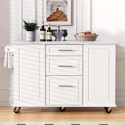 60" Kitchen Island with Drop Leaf and Power Outlet, Rolling Kitchen Cart on Wheels with Trash Can Storage Cabinet, Spice Rack, Towel Rack and Adjustable Shelf for Dining Room