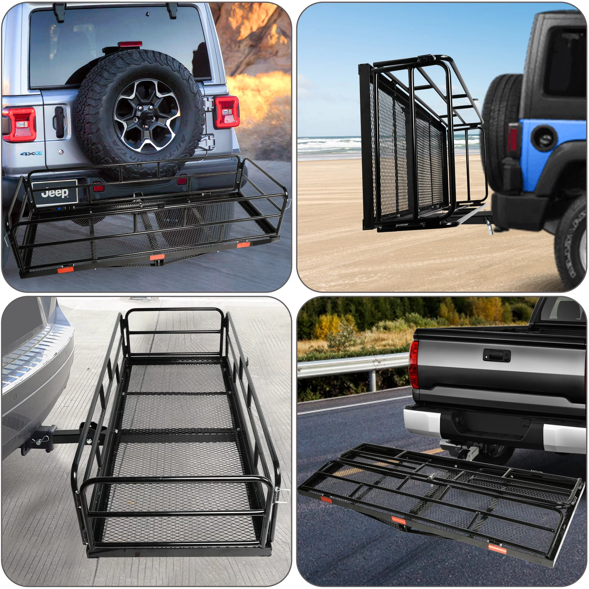 60" X 24" X 14" Folding Hitch Mount Cargo Carrier, 500lb Heavy Duty Capacity Rear Cargo Luggage Rack Basket, Foldable Hitch Mount Cargo Trailer Fits 2" Receiver for Car SUV Camping Traveling