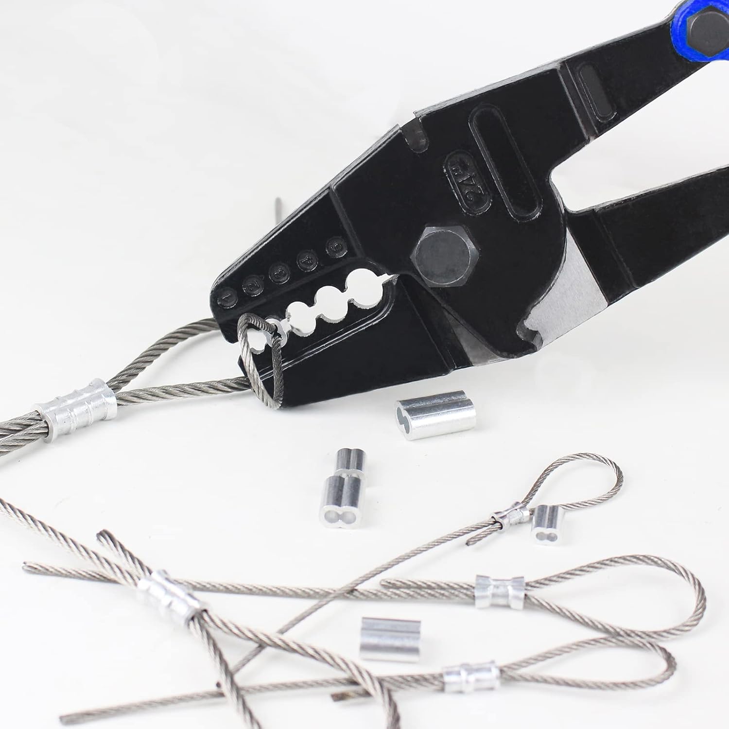 TOUGHER 24 Inch Hand Crimping Cutting Tool, Wire Rope Crimping Tool, Hand Swager Crimper Cutter for 1/16" 3/32" 1/8" 5/32" 3/16" Wires,with 50pc Aluminum Stop Sleeves Oval Sleeves Pack of 2