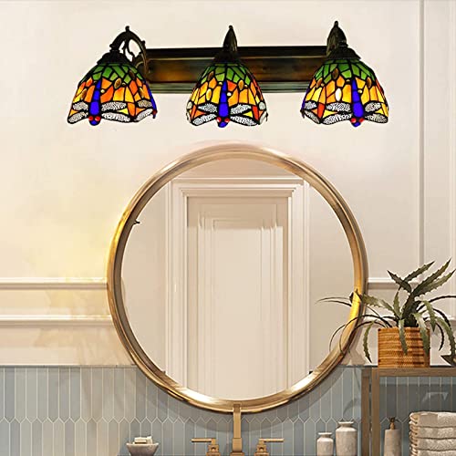 TFCFL Tiffany Victorian Wall Sconce, 3-Light Vanity Light Fixtures Stained Glass Lampshade Dragonfly Over Mirror Lamp for Bathroom Bedroom Living Room Hotel