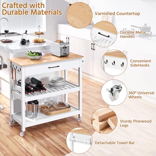 Yaheetech Kitchen Island Cart on Wheels with Bamboo Tabletop, 3-Tier Rolling Kitchen Island Microwave Cart with Drawer, Detachable Towel, 3 Hooks, 17" D x 37.5" W, White