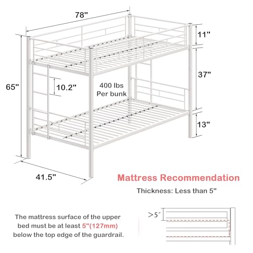 VECELO Metal Loft Bed Twin Size, Heavy Duty Bedframe with Removable Ladder and Safety Guardrail, Space-Saving, Noise Free, No Box Spring Needed, Off White