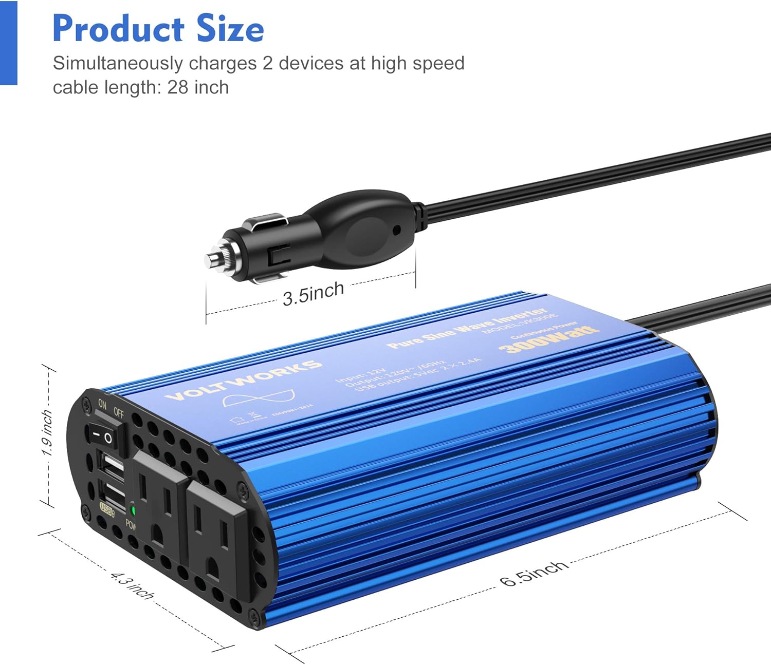 VOLTWORKS 600 Watts Pure Sine Wave Power Inverter 600w DC 12V to AC 110V 120V with Dual 2.4A USB Port & LCD Display Two AC Outlets for Car Truck RV