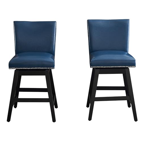 Swivel Bar Stools Set of 2 - Counter Height Bar Stools with Back, Free 360° Swivel, Nail Head Design, Upholstered, Solid Wood Frame for Farmhouse, Rustic & Nordic Style Bars, White
