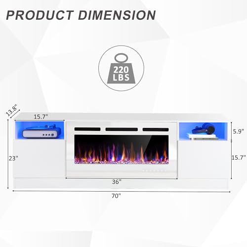 AHB 70" Fireplace TV Stand for TVs Up to 80" with 36" Electric Fireplace, TV Console for The Living Room, LED Light Entertainment Center, Storage Cabinet, Media Console Table, Black & White