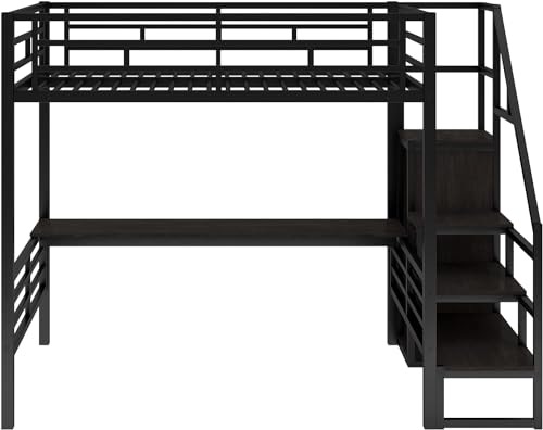 Metal Full Loft Bed with Desk and Wardrobe, Full Size with Storage Stairs and Guard Rail,Bed Frame