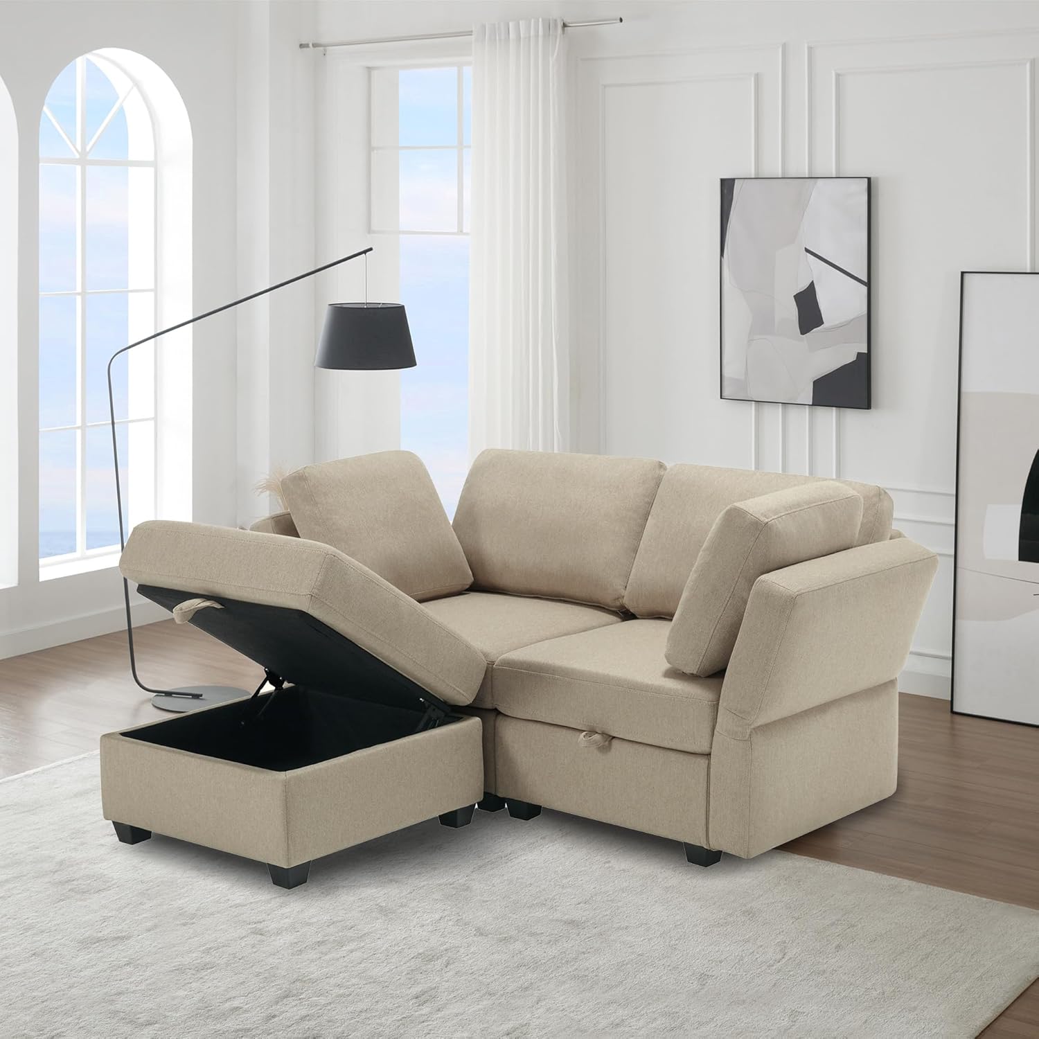 Space Saving Small Sectional Sofa with Ottoman, 2 Seater Sofa with 1 Ottoman, All Seats and Ottomans with Storage Function - Beige